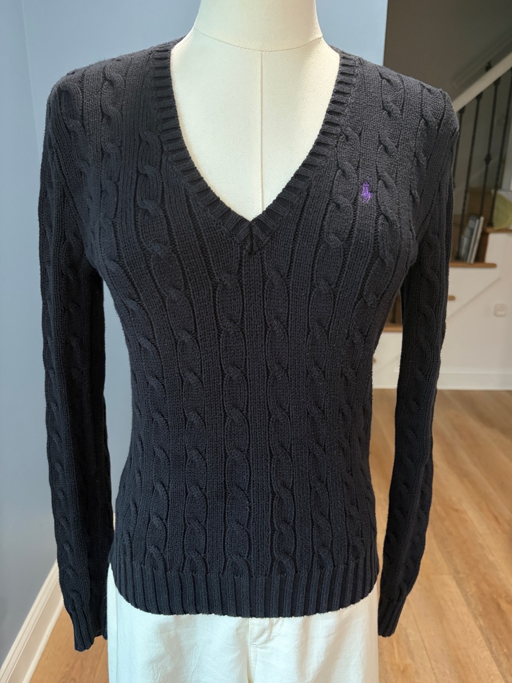 Vintage Ralph Lauren Sport Black Cable Knit V-Neck Cotton Sweater Purple Pony